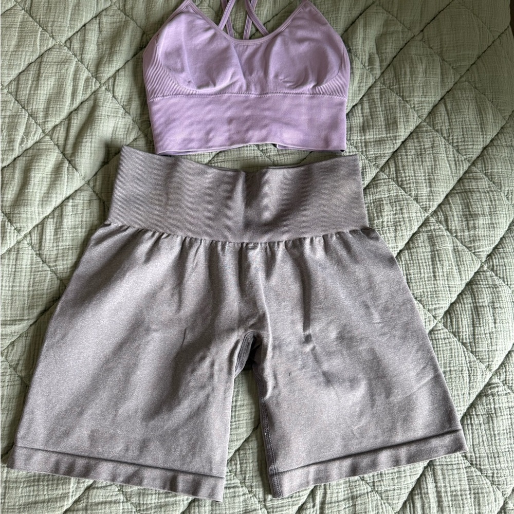 NVGTN Lavender Top and Taupe Shorts Set